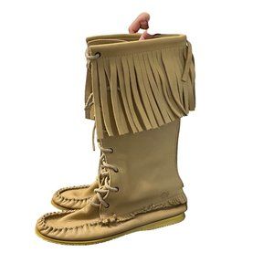 Laurentian Chief Womens Beige Pebbled Leather Tall Fringe Moccasin Boots Size 9